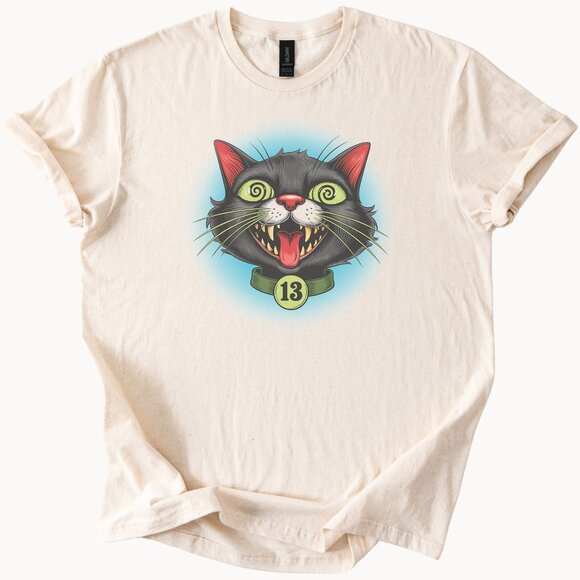 Black cat number 13 tee spooky cartoon graphic with glowing eyes design - Picture 1 of 7